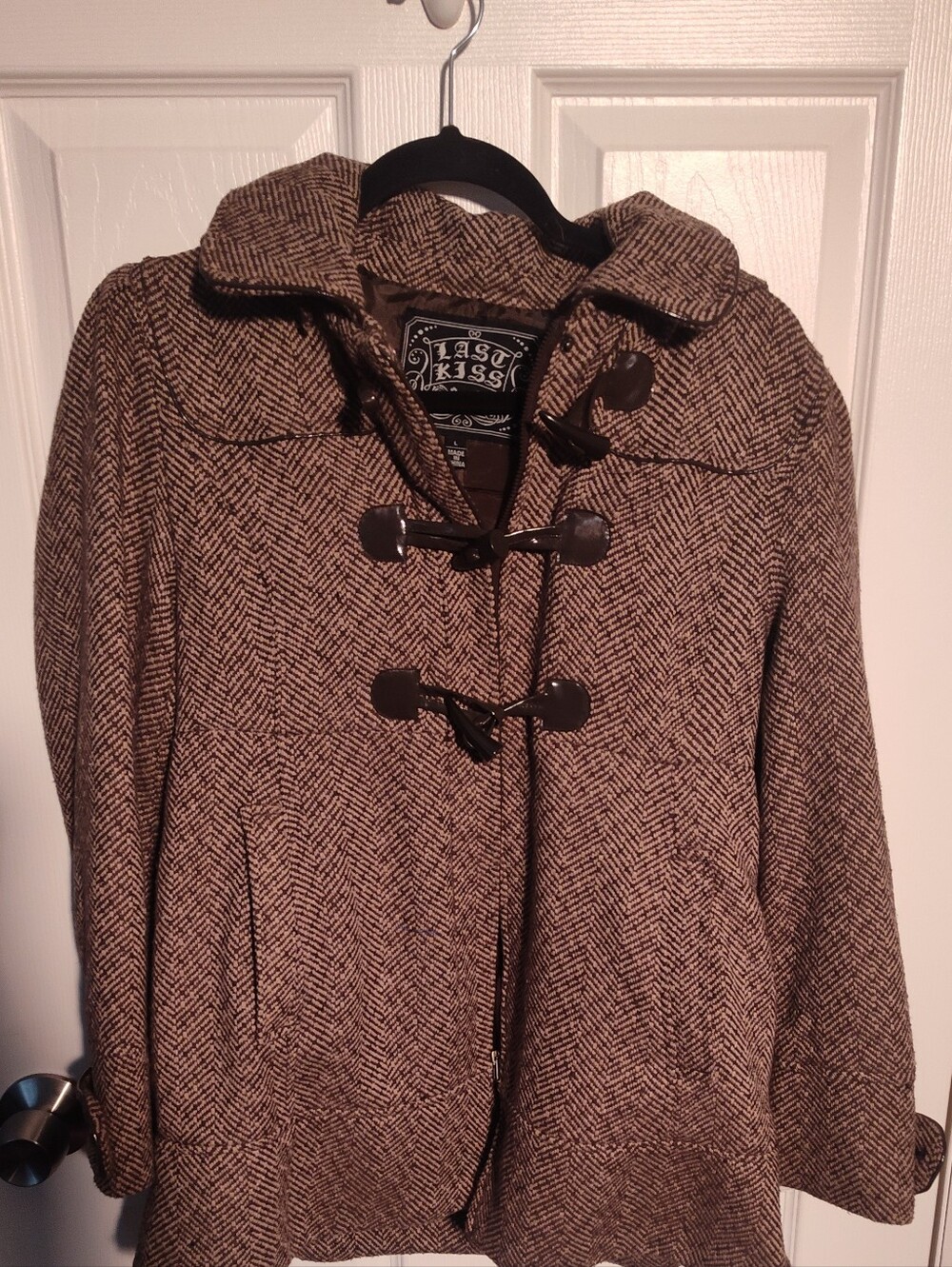 last kiss Brown Herringbone Toggle Peacoat